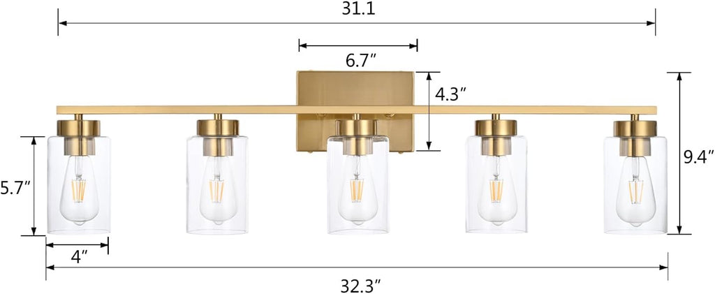 5-Light Brushed Brass Clear Glass Vanity Wall Sconce