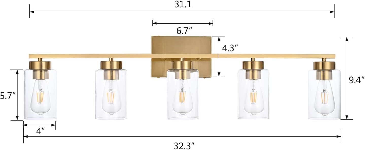 5-Light Brushed Brass Clear Glass Vanity Wall Sconce