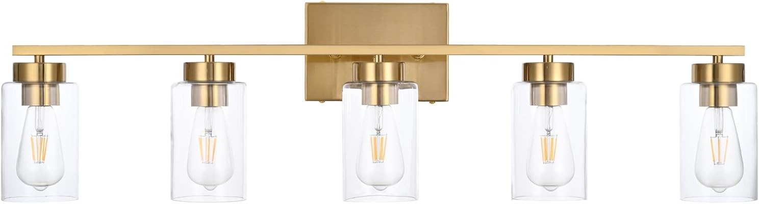5-Light Brushed Brass Clear Glass Vanity Wall Sconce
