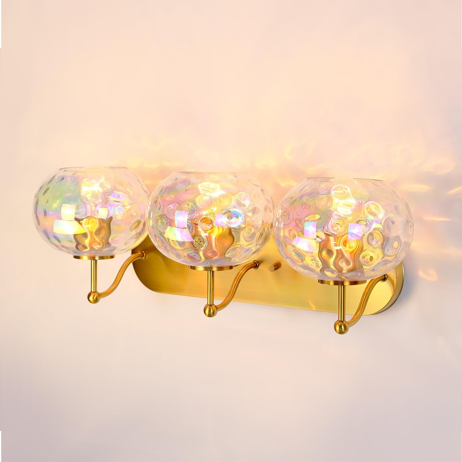 23 Inch 3-Light Brushed Gold Hammered Glass Vanity Sconce