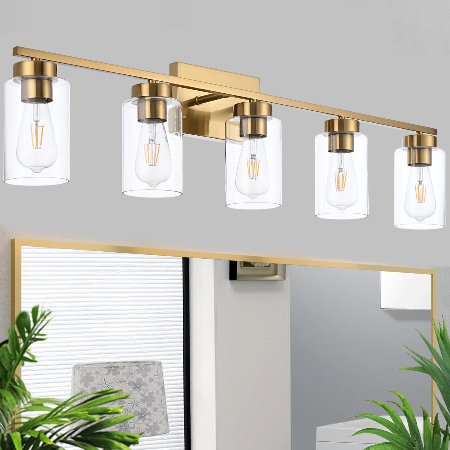 5-Light Brushed Brass Clear Glass Vanity Wall Sconce
