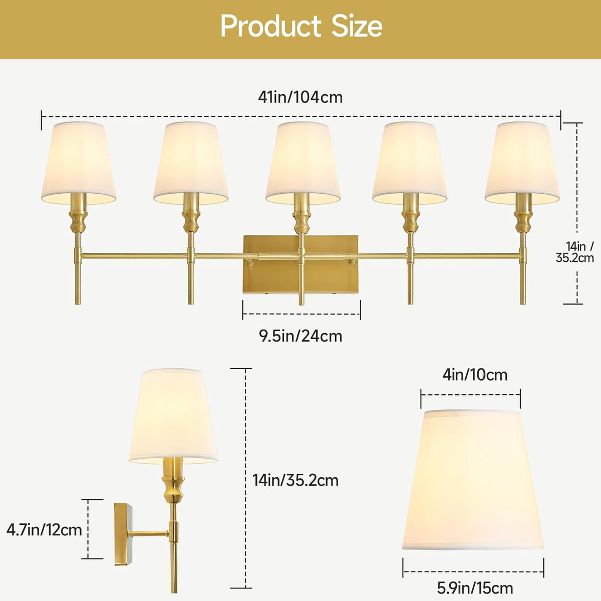 5-Light Vintage Brass Fabric Shade Vanity Wall Lamp