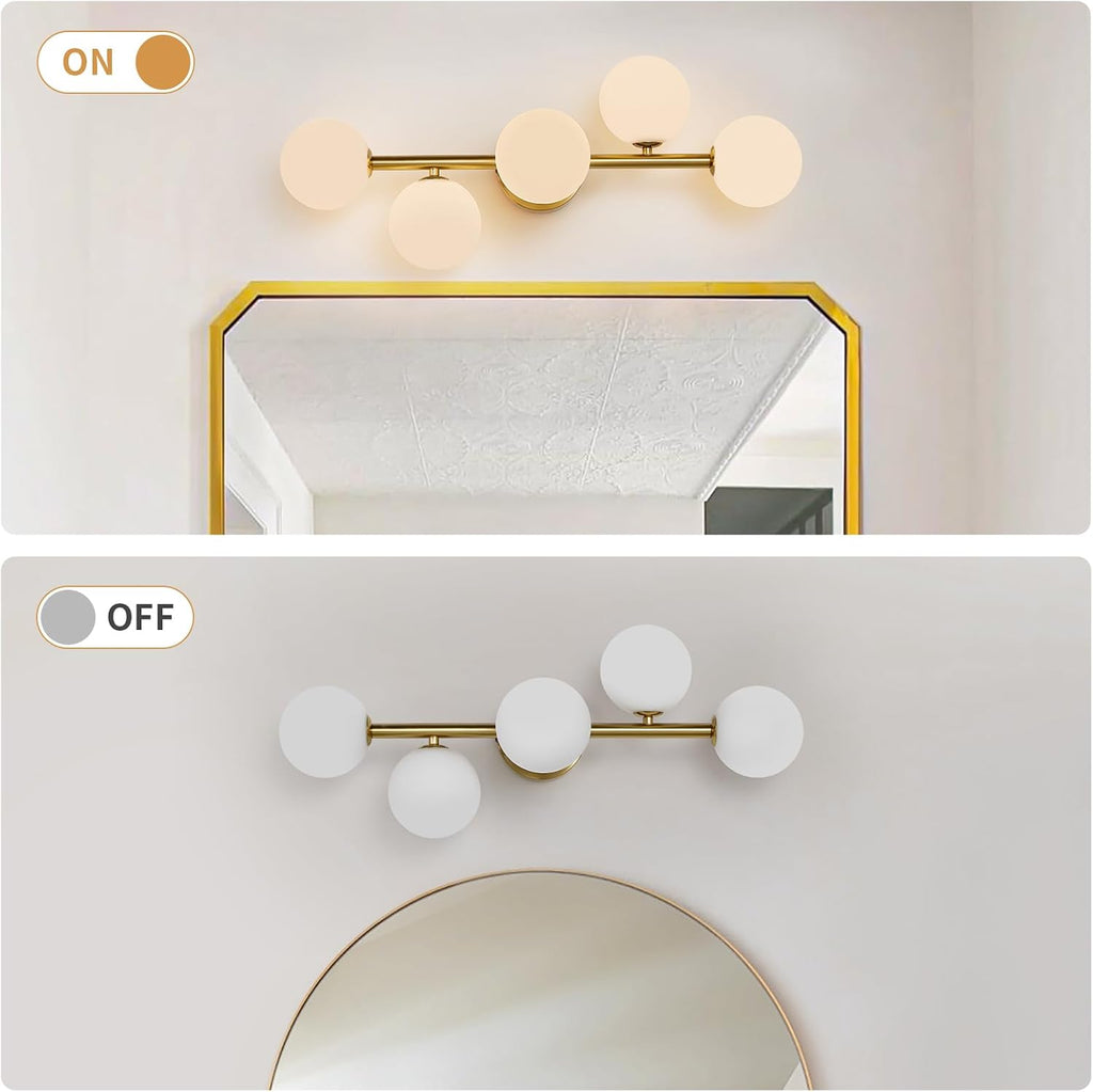 5-Light Gold Milk Glass Globe Bathroom Vanity Sconce