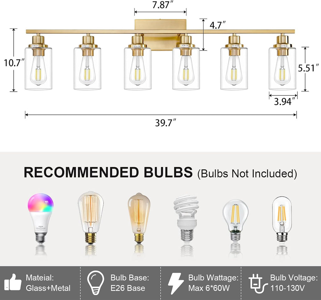 6-Light Brushed Brass Glass Vanity Wall Sconce