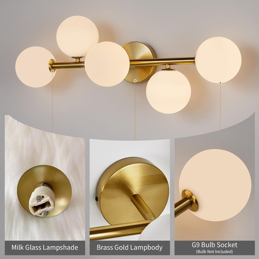 5-Light Gold Milk Glass Globe Bathroom Vanity Sconce