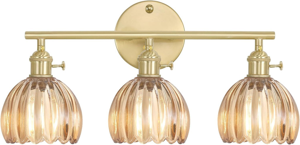 3-Light Brass Amber Tulip Glass Vanity Wall Sconce