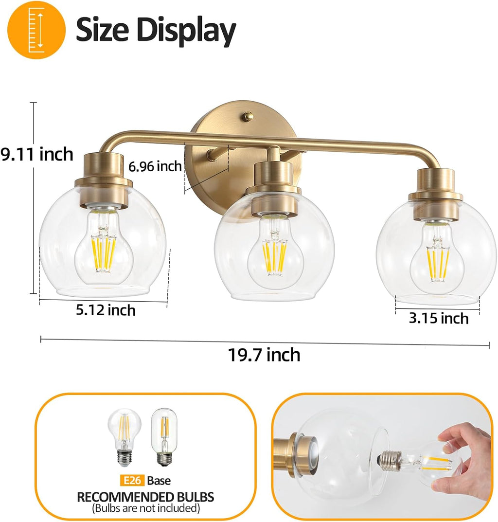 3-Light Brushed Brass Globe Glass Vanity Wall Sconce