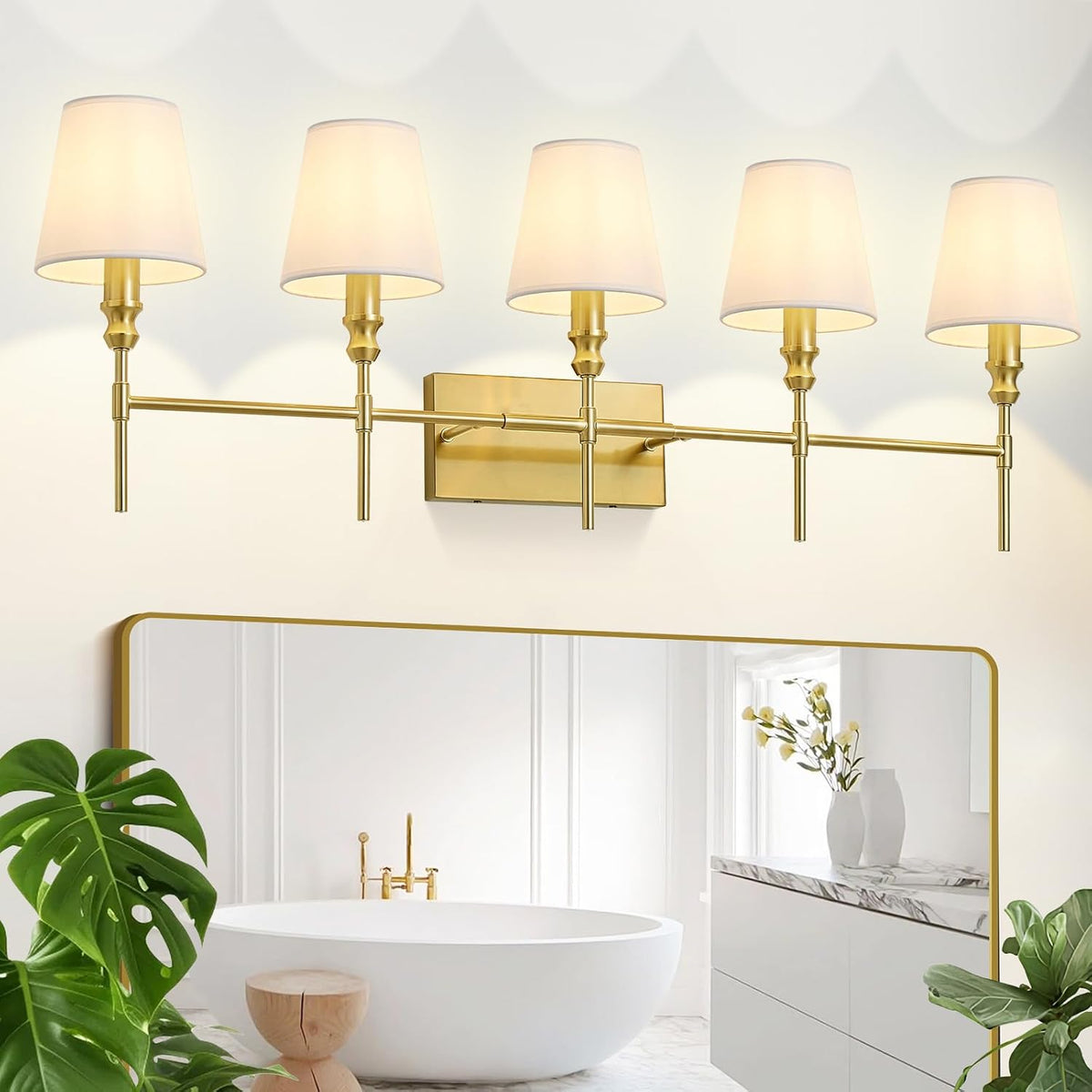 5-Light Vintage Brass Fabric Shade Vanity Wall Lamp