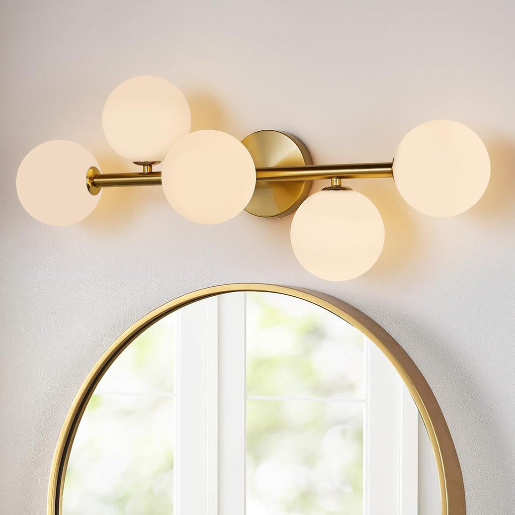 5-Light Gold Milk Glass Globe Bathroom Vanity Sconce