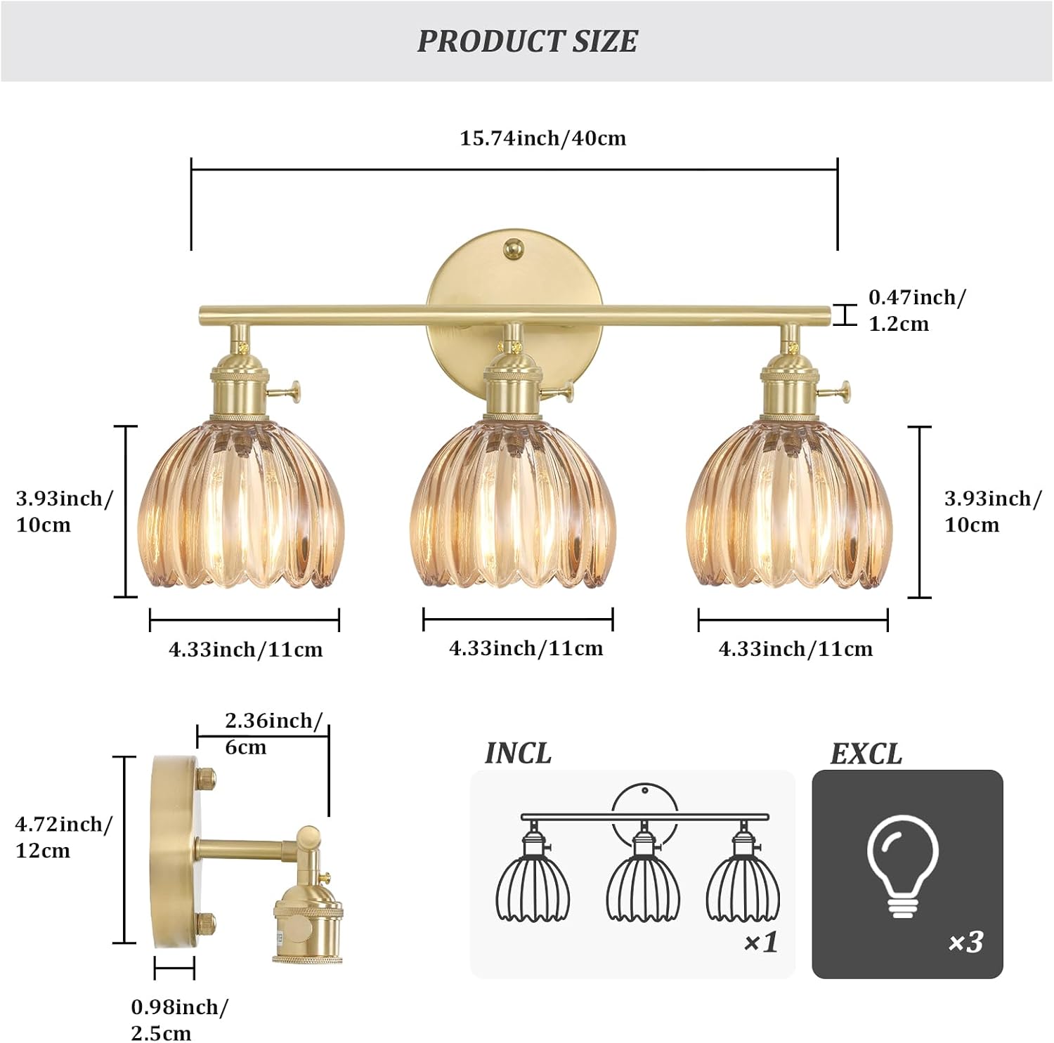 3-Light Brass Amber Tulip Glass Vanity Wall Sconce