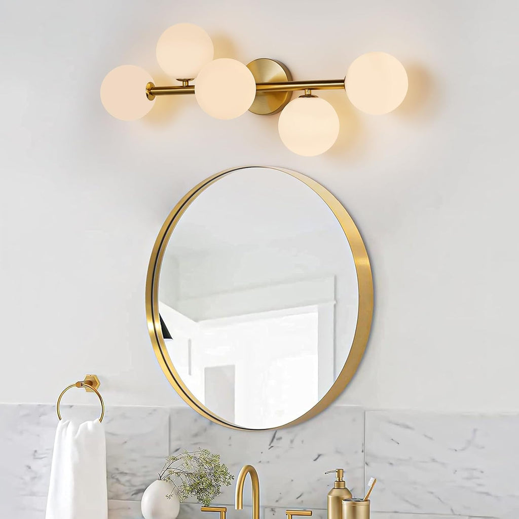 5-Light Gold Milk Glass Globe Bathroom Vanity Sconce