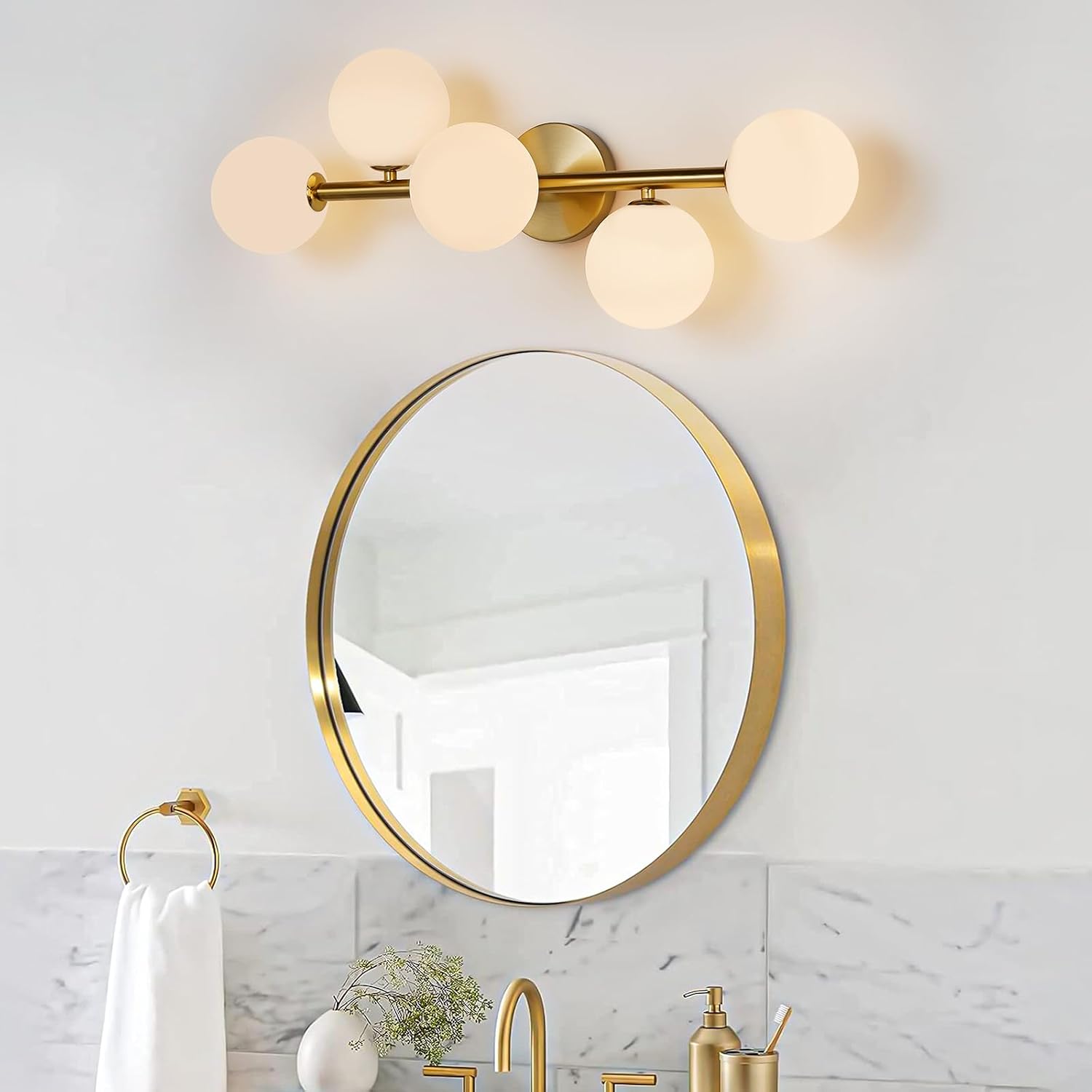 5-Light Gold Milk Glass Globe Bathroom Vanity Sconce