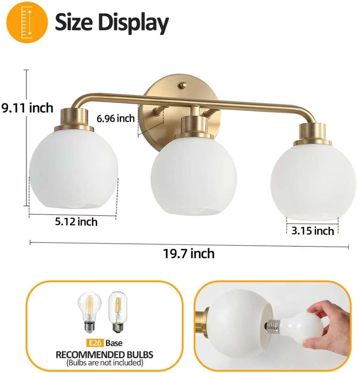 3-Light Brass Milk Glass Globe Vanity Wall Sconce