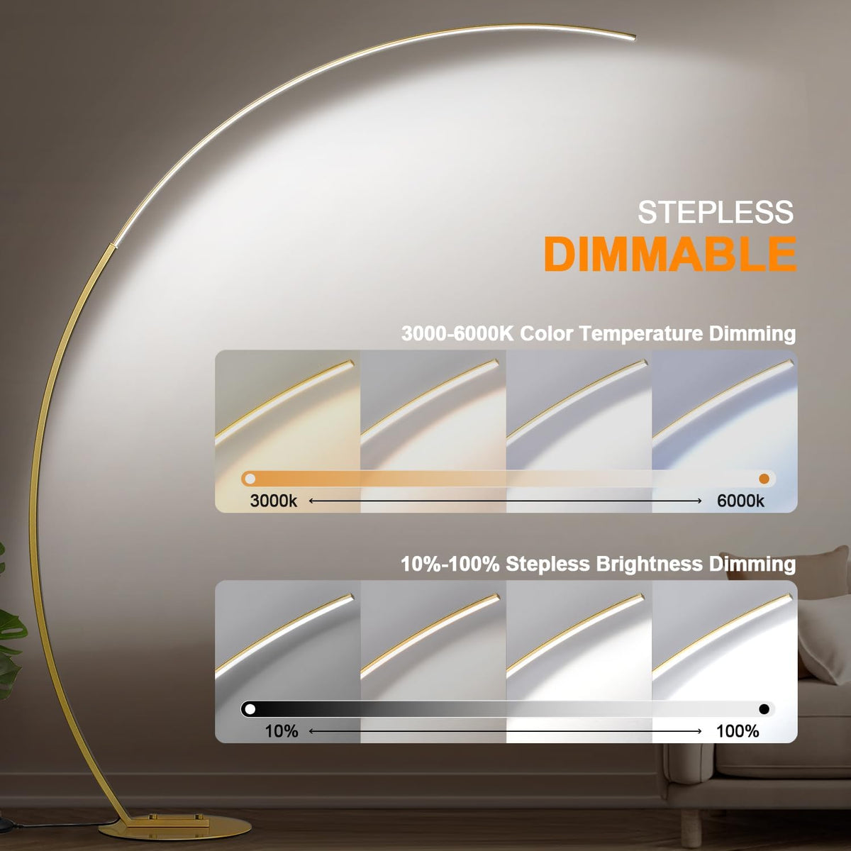 Gold Bright Arc Floor Lamp Remote