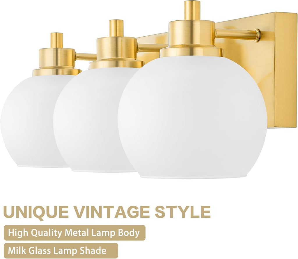 3-Light Brushed Gold Milk Glass Vanity Wall Sconce