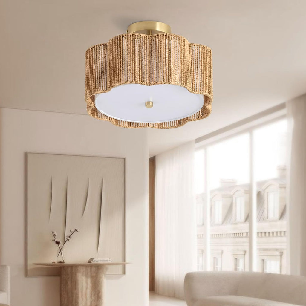 3-Light Yellow Rattan Boho Flush Mount Ceiling Chandelier