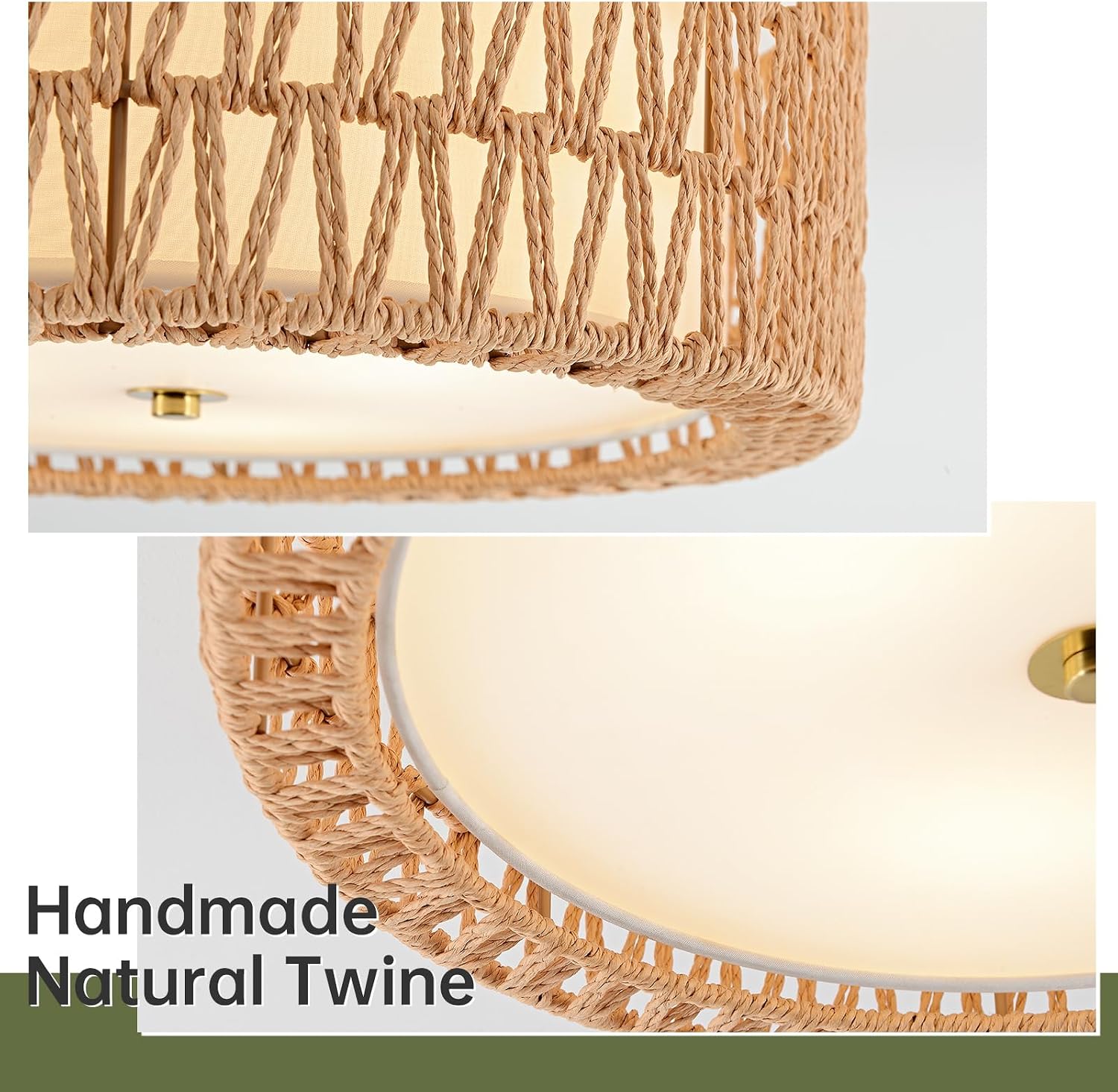 15.7 Inch 3-Light Woven Rattan Boho Semi Flush Ceiling Light