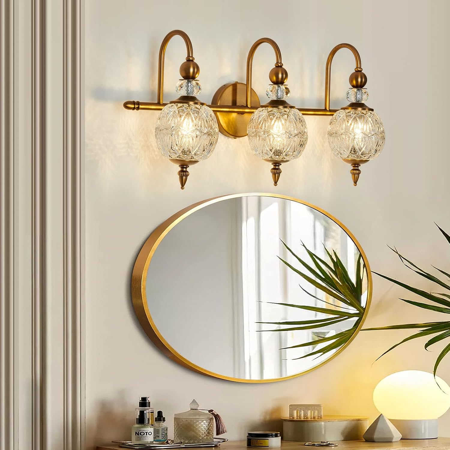 3-Light Gold Globe Glass Mid Century Vanity Wall Sconce