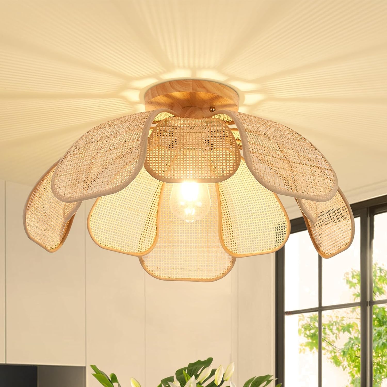 20 Inch Flower Rattan Boho Flush Mount Ceiling Light