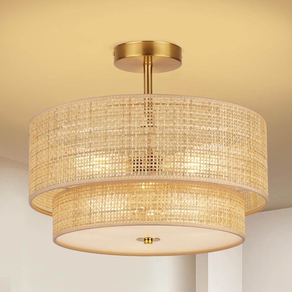16" 2-Tier Rattan Gold Ceiling Light