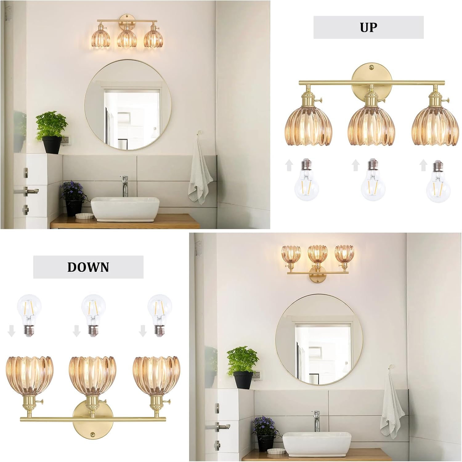 3-Light Brass Amber Tulip Glass Vanity Wall Sconce
