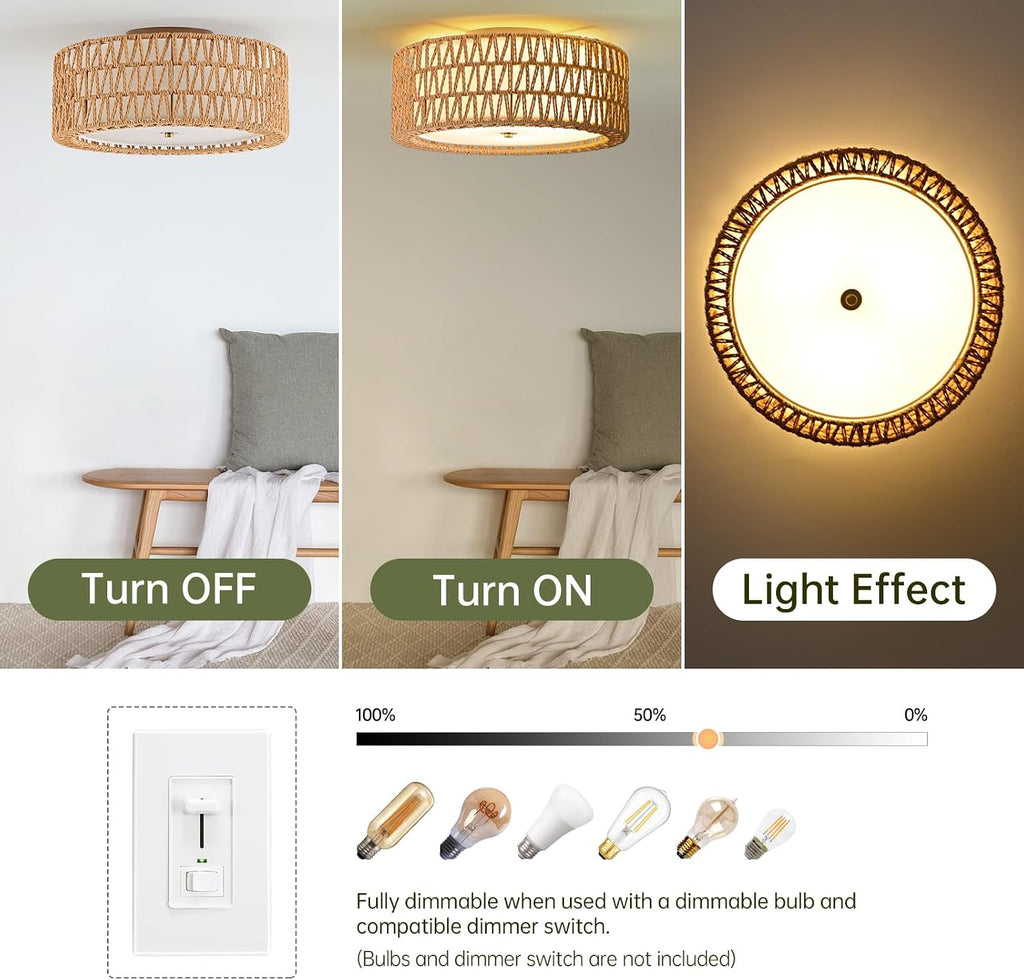 15.7 Inch 3-Light Woven Rattan Boho Semi Flush Ceiling Light