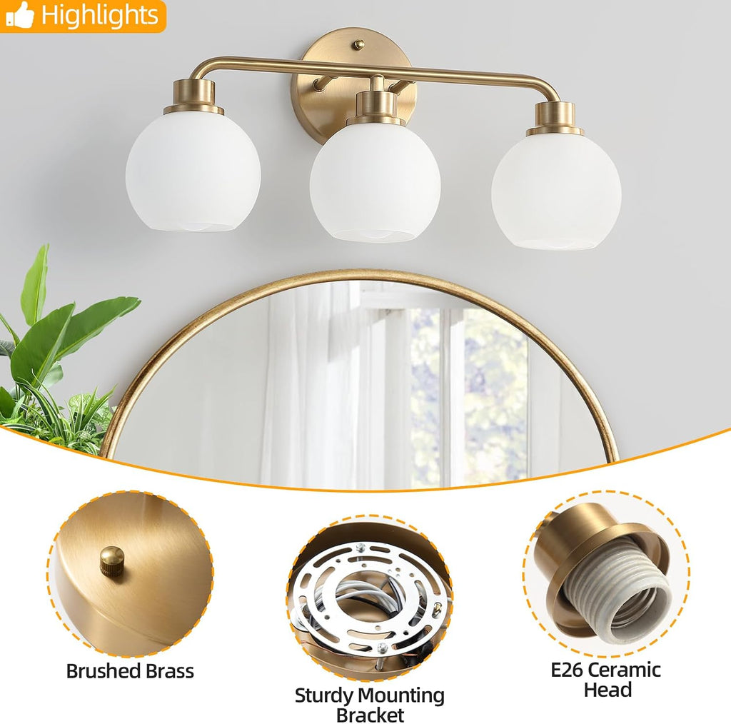 3-Light Brass Milk Glass Globe Vanity Wall Sconce