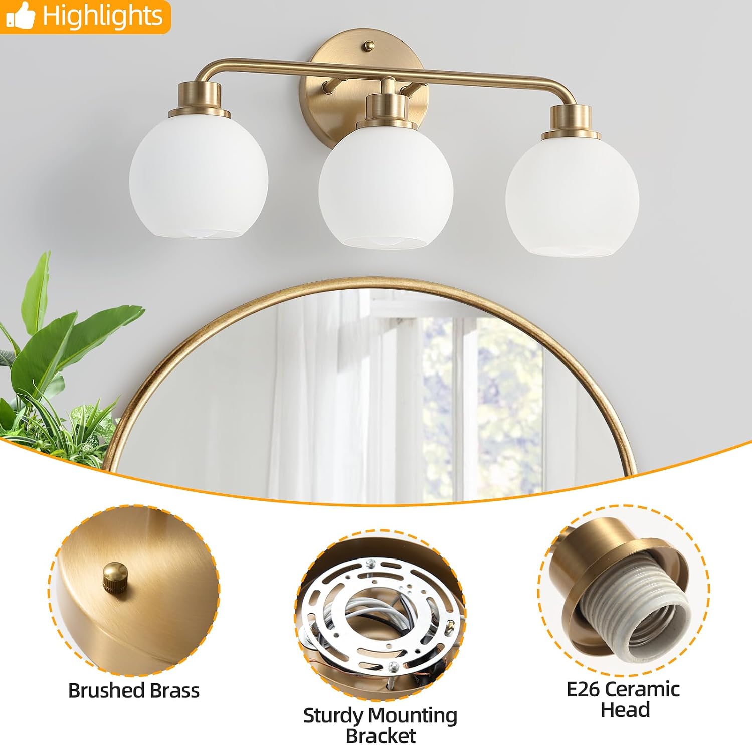 3-Light Brass Milk Glass Globe Vanity Wall Sconce