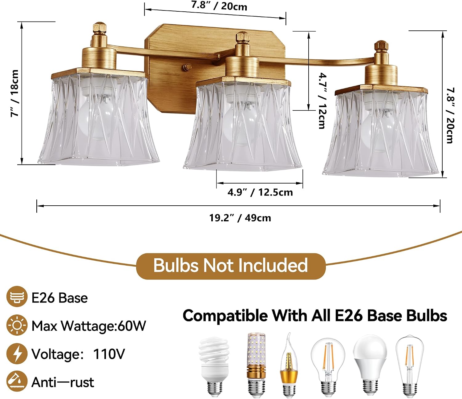 3-Light Matte Antique Brass Square Crystal Vanity Light