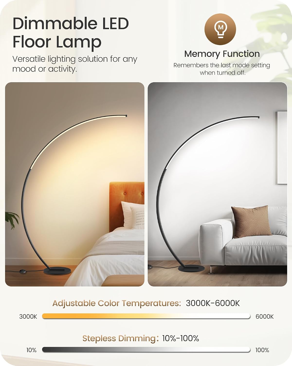 Dimmable Arc Floor Lamp Dual Control