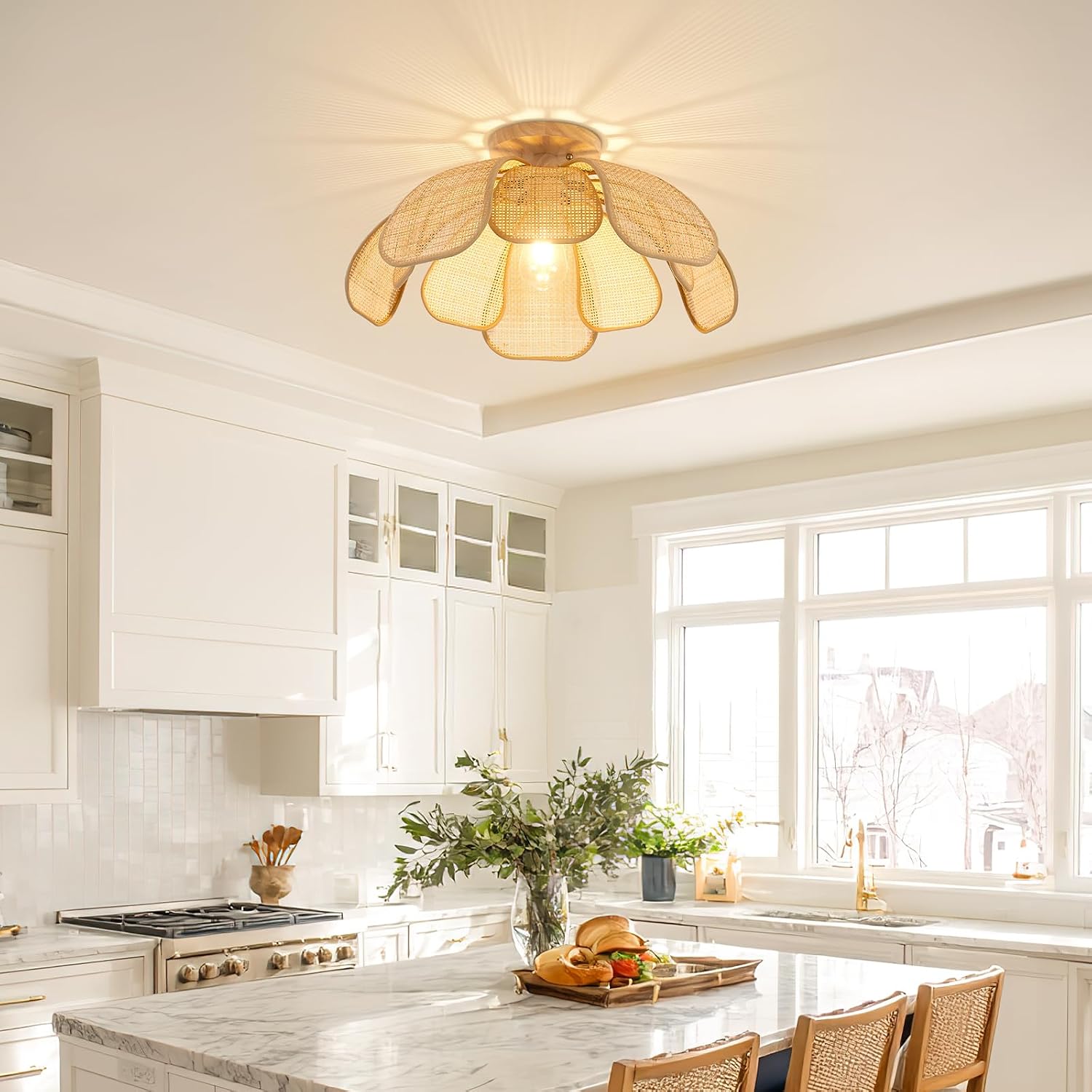 20 Inch Flower Rattan Boho Flush Mount Ceiling Light