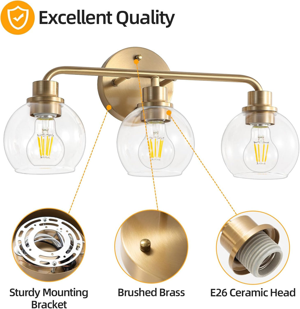 3-Light Brushed Brass Globe Glass Vanity Wall Sconce