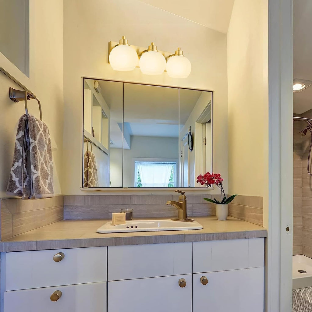 3-Light Brushed Gold Milk Glass Vanity Wall Sconce