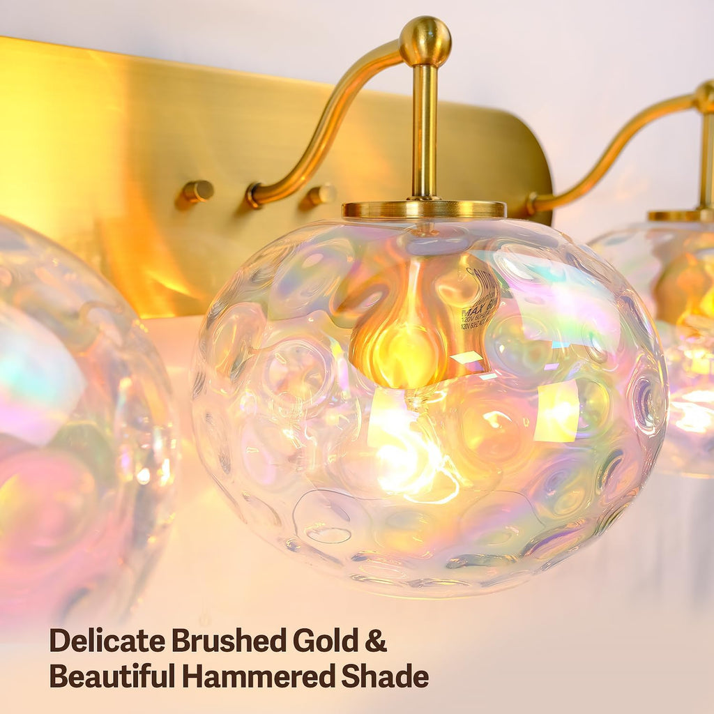 23 Inch 3-Light Brushed Gold Hammered Glass Vanity Sconce