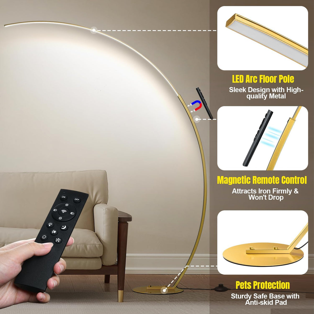 Gold Bright Arc Floor Lamp Remote