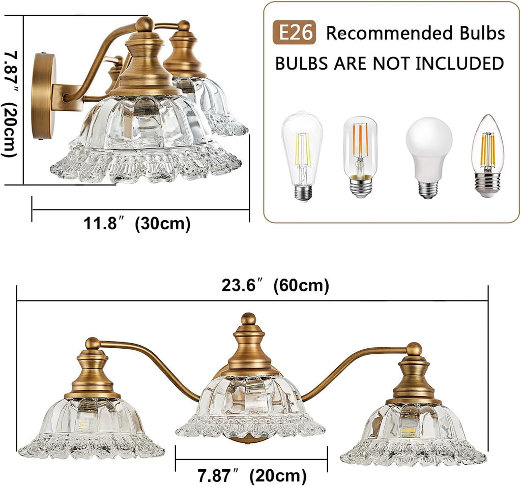 3-Light Matte Antique Brass Vintage Vanity Light