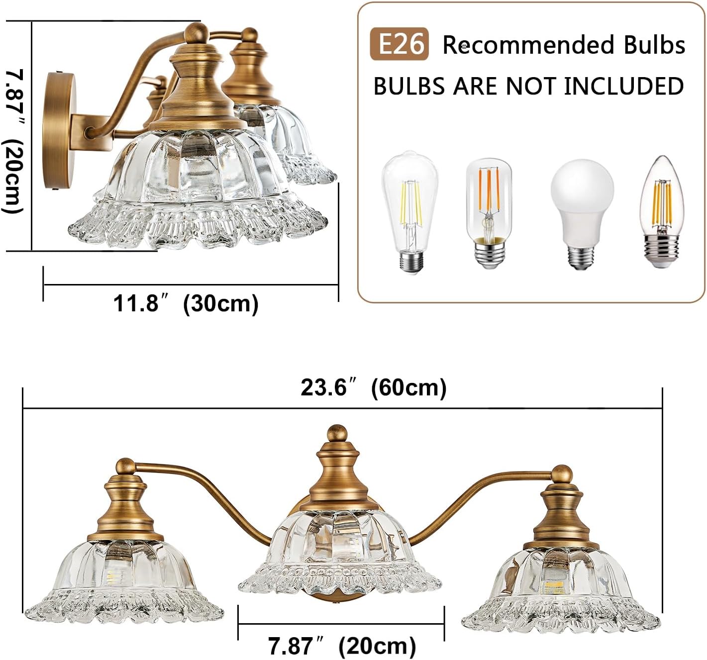 3-Light Matte Antique Brass Vintage Vanity Light