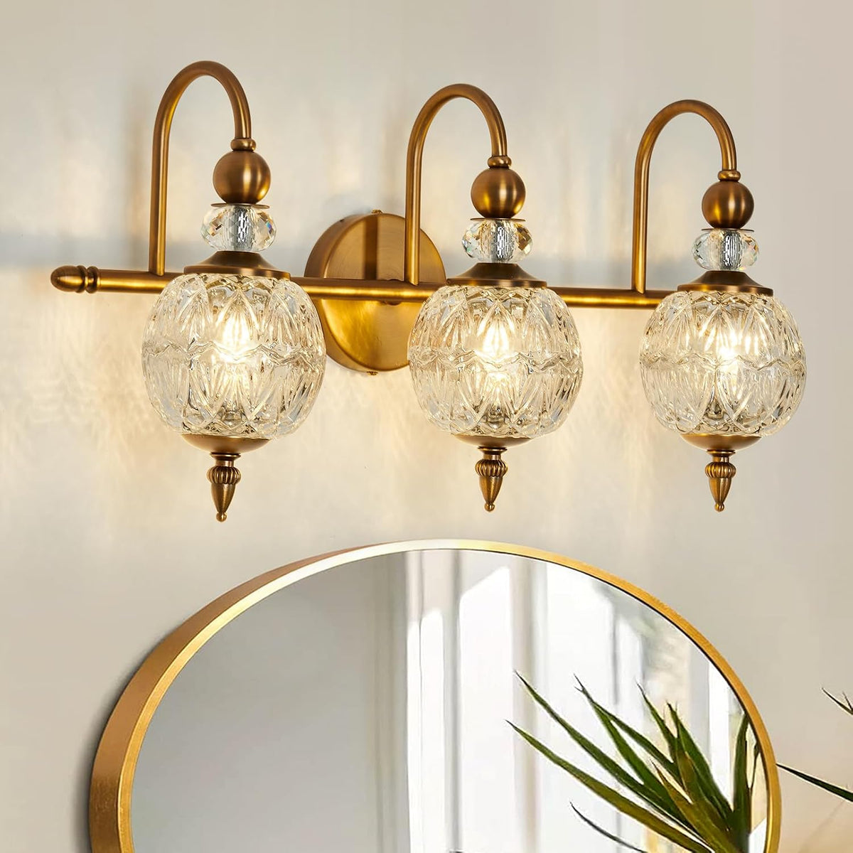 3-Light Gold Globe Glass Mid Century Vanity Wall Sconce