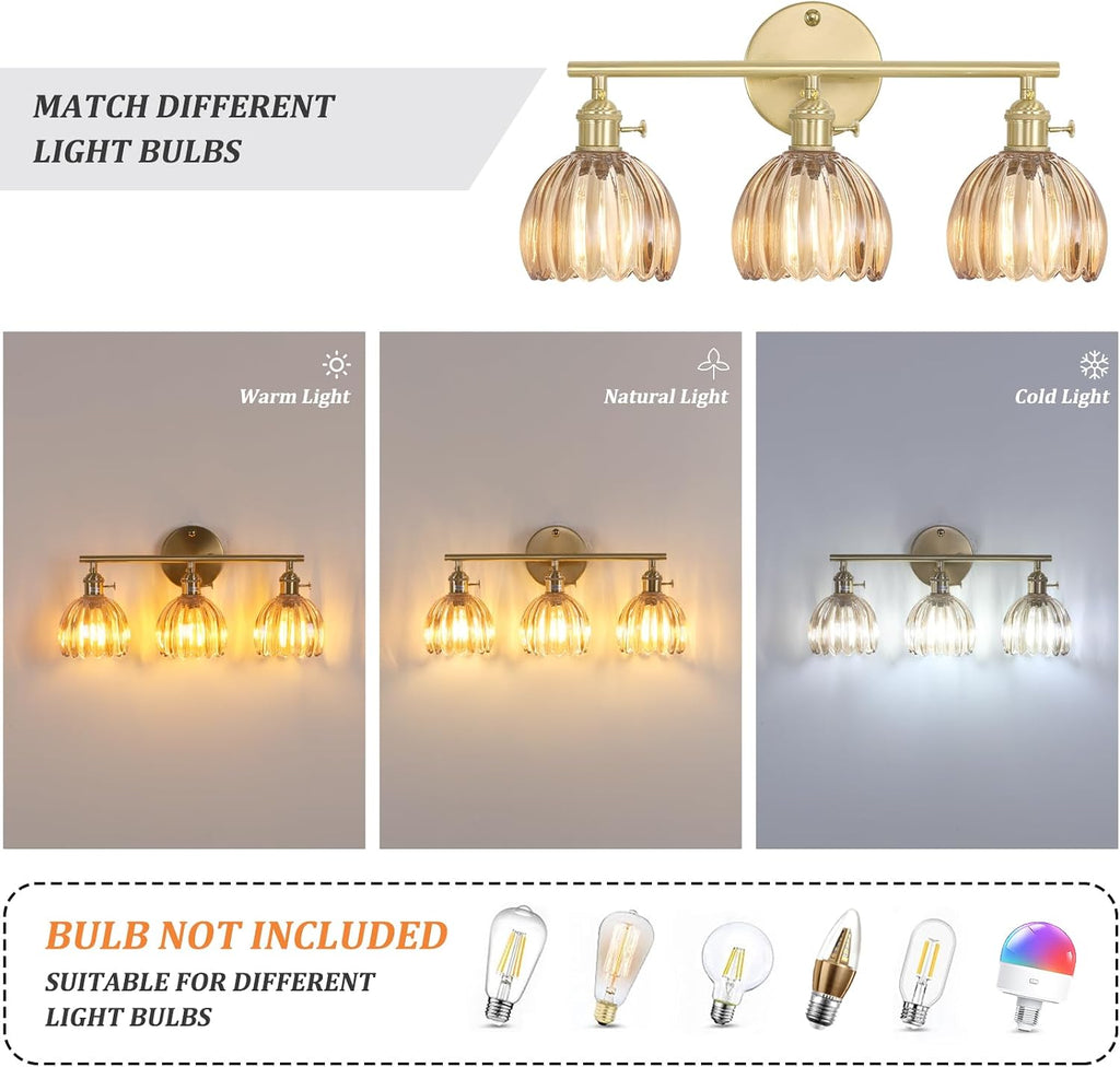 3-Light Brass Amber Tulip Glass Vanity Wall Sconce