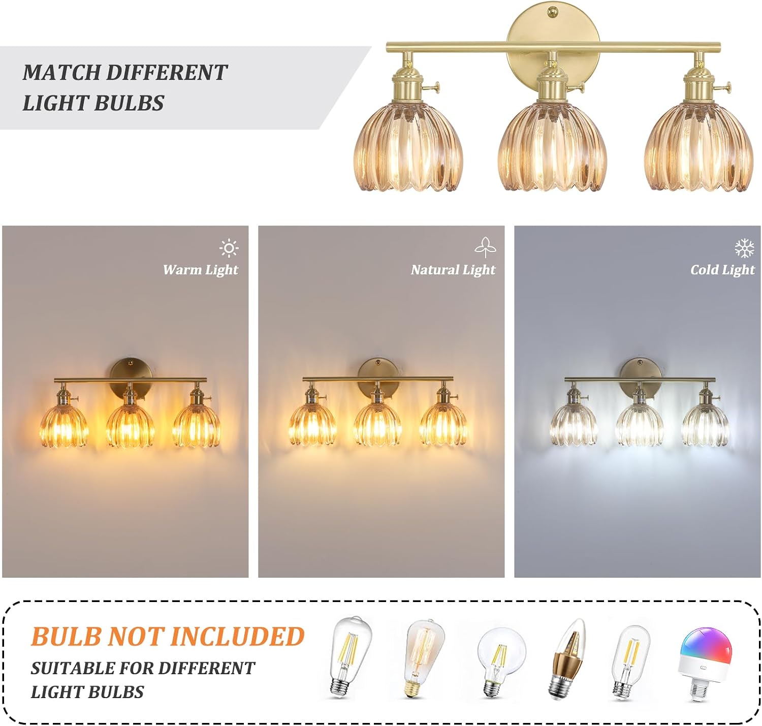 3-Light Brass Amber Tulip Glass Vanity Wall Sconce