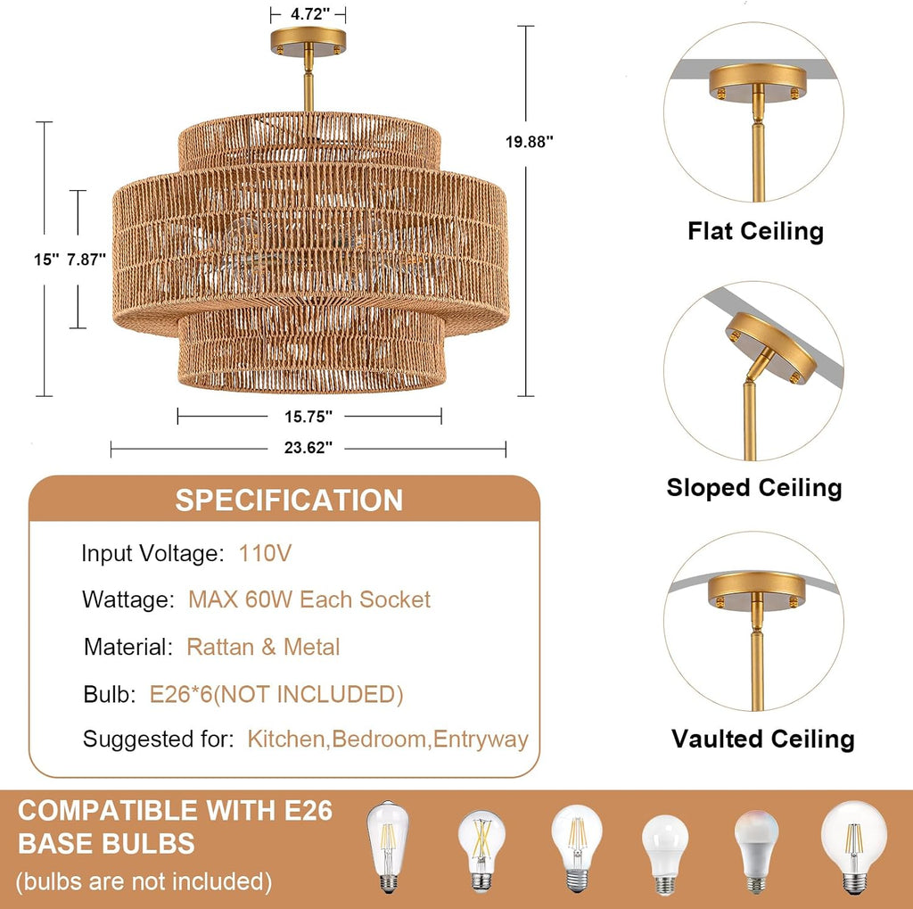 23.6 Inch 6-Light 3-Tier Rattan Drum Boho Ceiling Chandelier