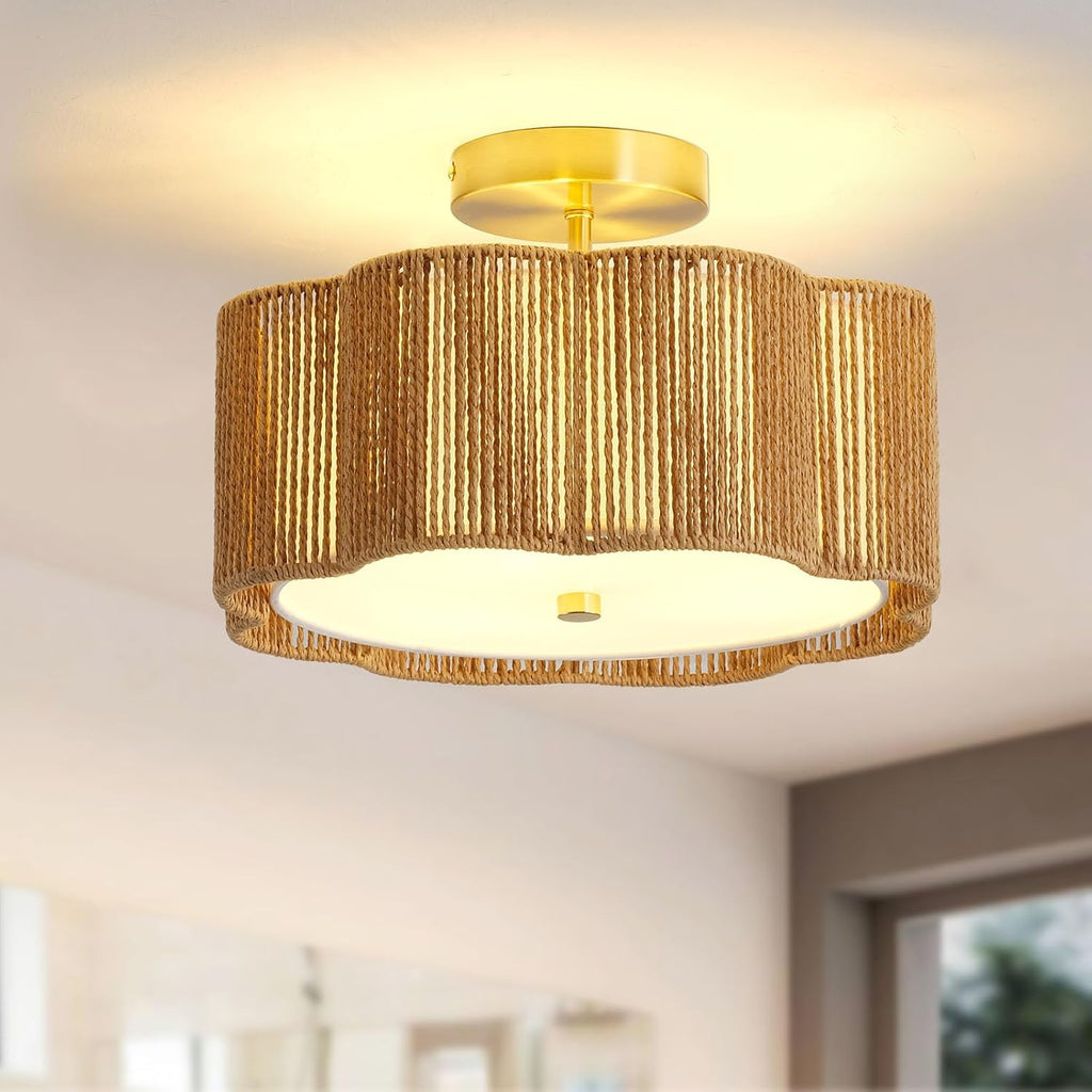 3-Light Yellow Rattan Boho Flush Mount Ceiling Chandelier