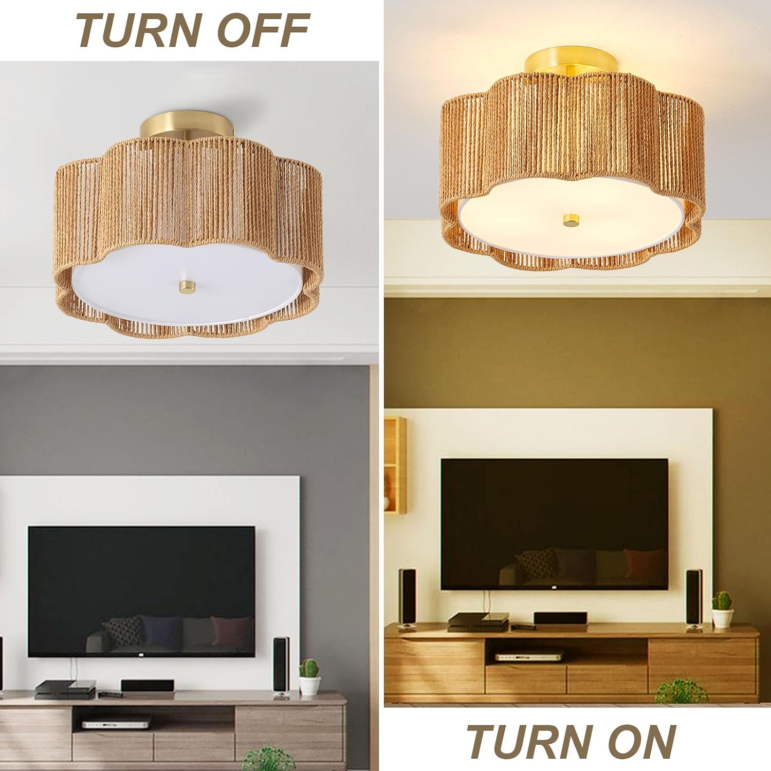 3-Light Yellow Rattan Boho Flush Mount Ceiling Chandelier