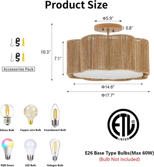 18 Inch 3-Light Rattan Boho Flush Mount Ceiling Light