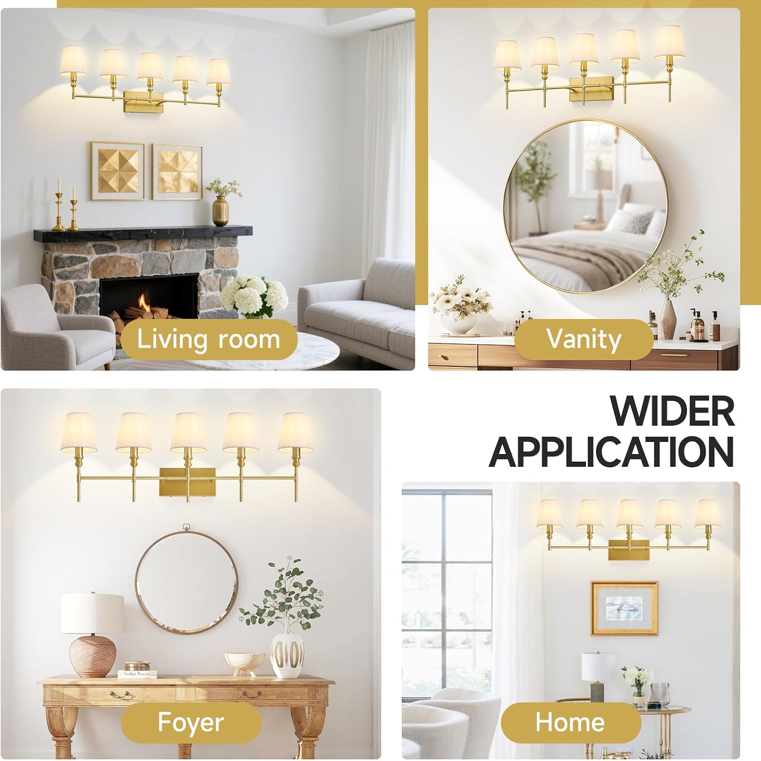 5-Light Vintage Brass Fabric Shade Vanity Wall Lamp