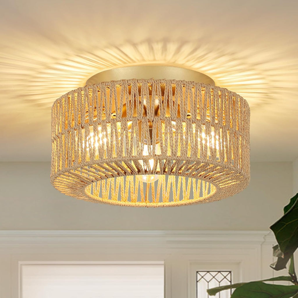 3-Light Hand-Woven Rattan Boho Flush Mount Ceiling Light