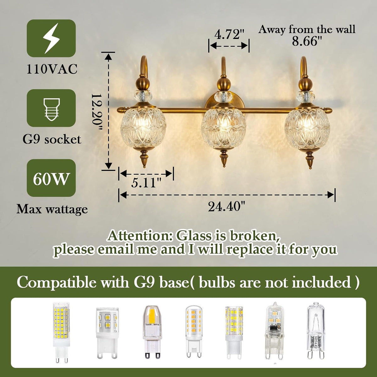 3-Light Gold Globe Glass Mid Century Vanity Wall Sconce