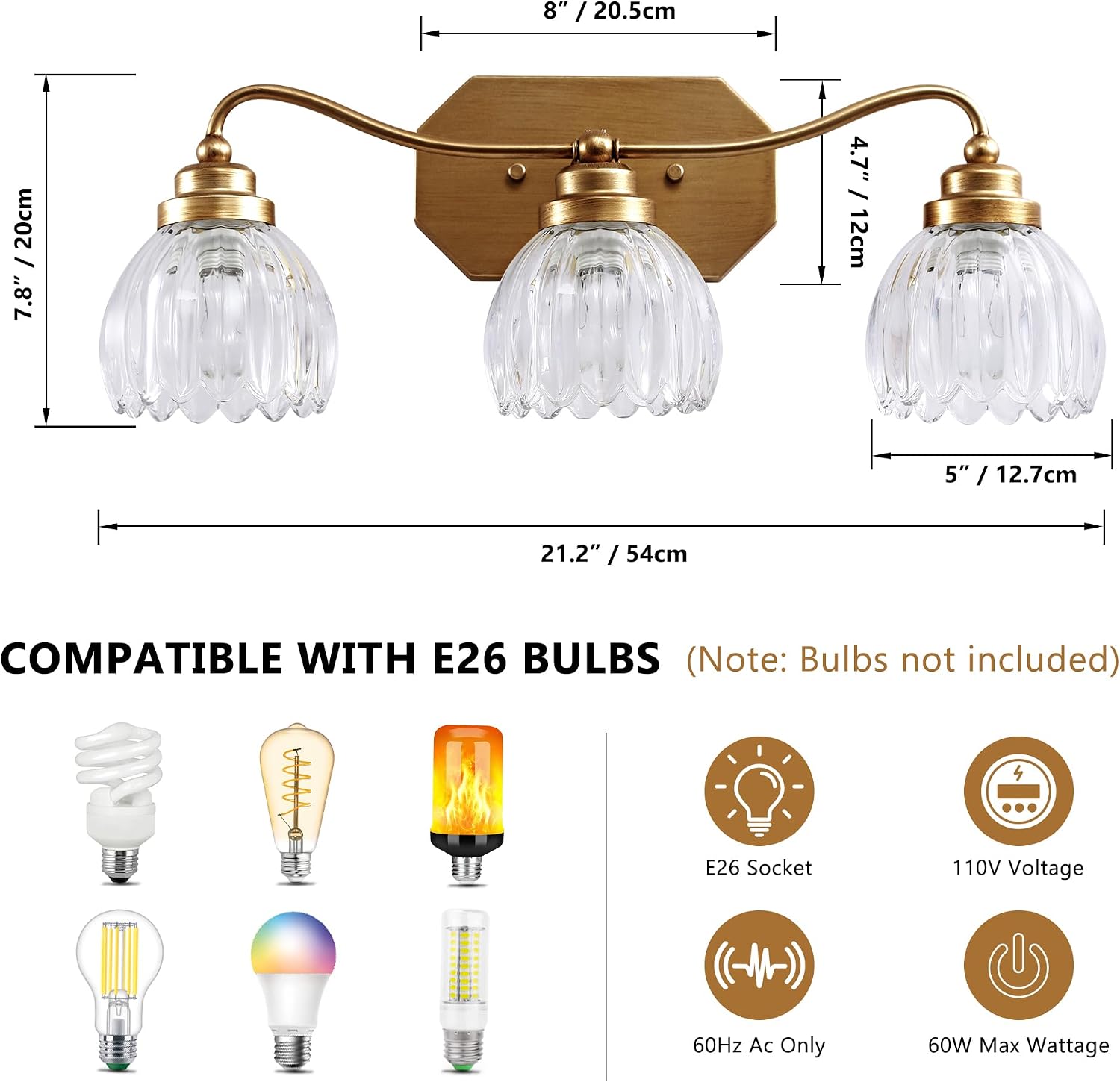 3-Light Gold Crystal Bathroom Vanity Wall Sconce