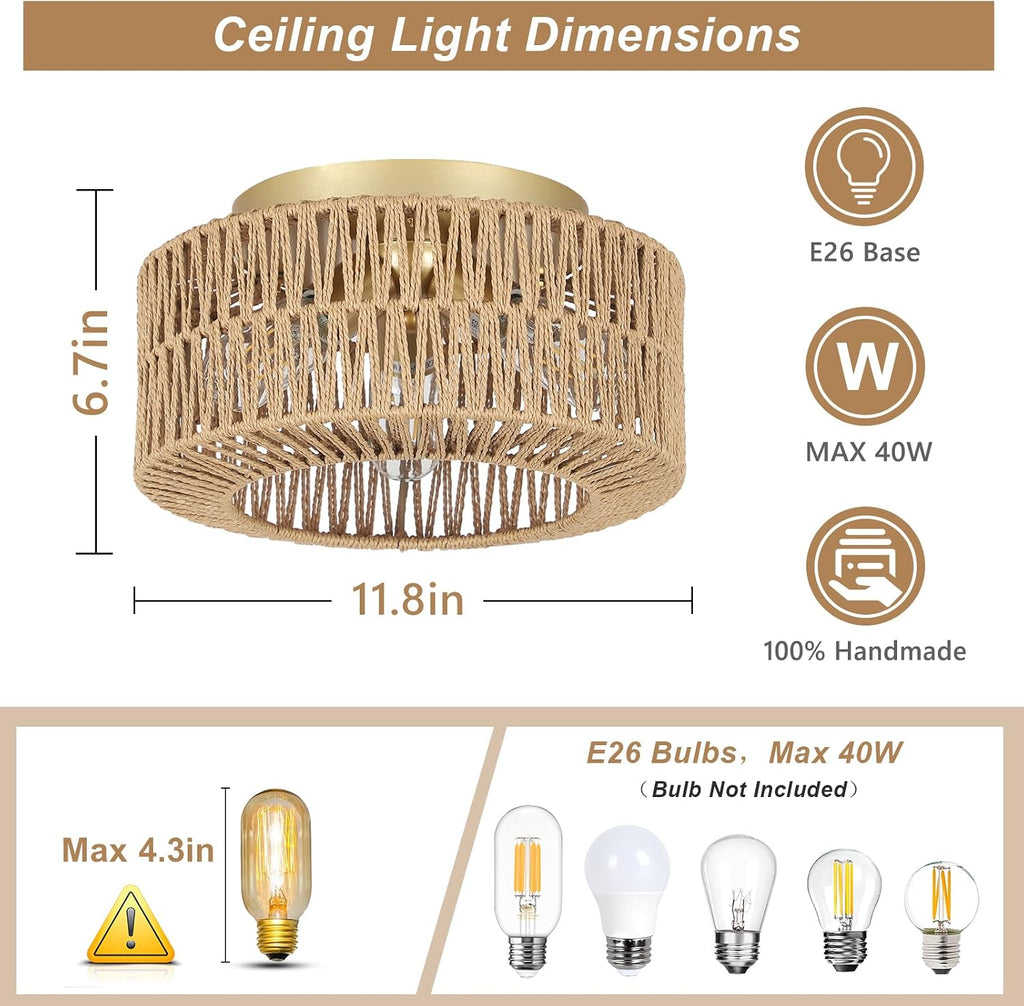 3-Light Hand-Woven Rattan Boho Flush Mount Ceiling Light