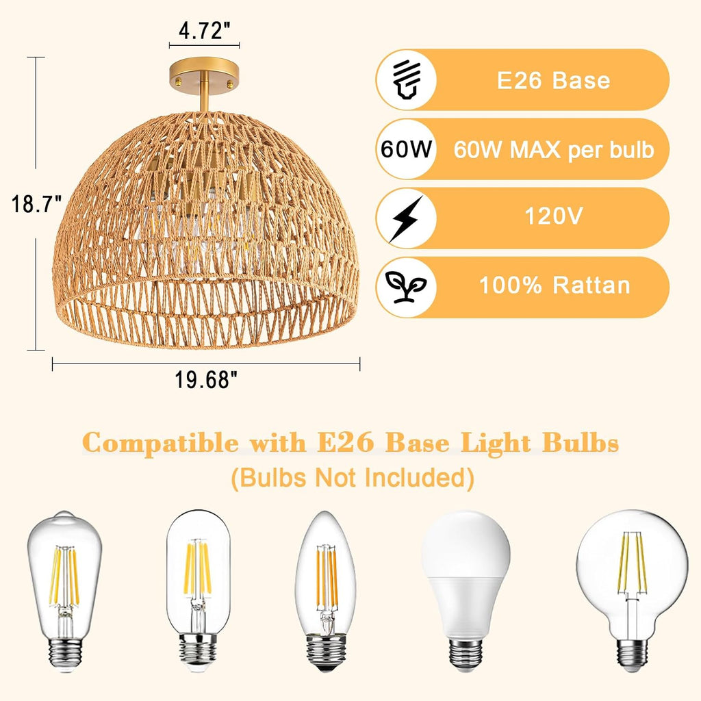 20 Inch 4-Light Cage Woven Rattan Boho Semi Flush Ceiling Light